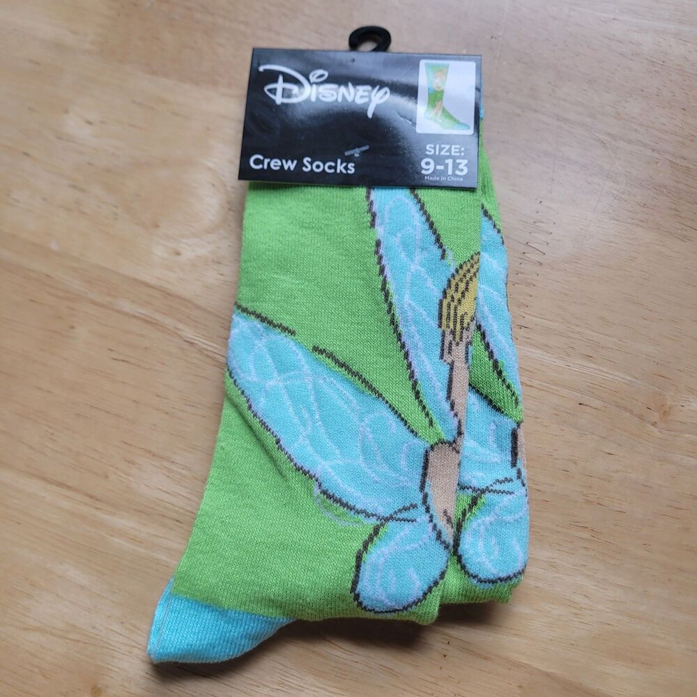 Disney Tinker Bell Adult Size 9-13 Green Graphic Novelty Crew Socks 1 Pack